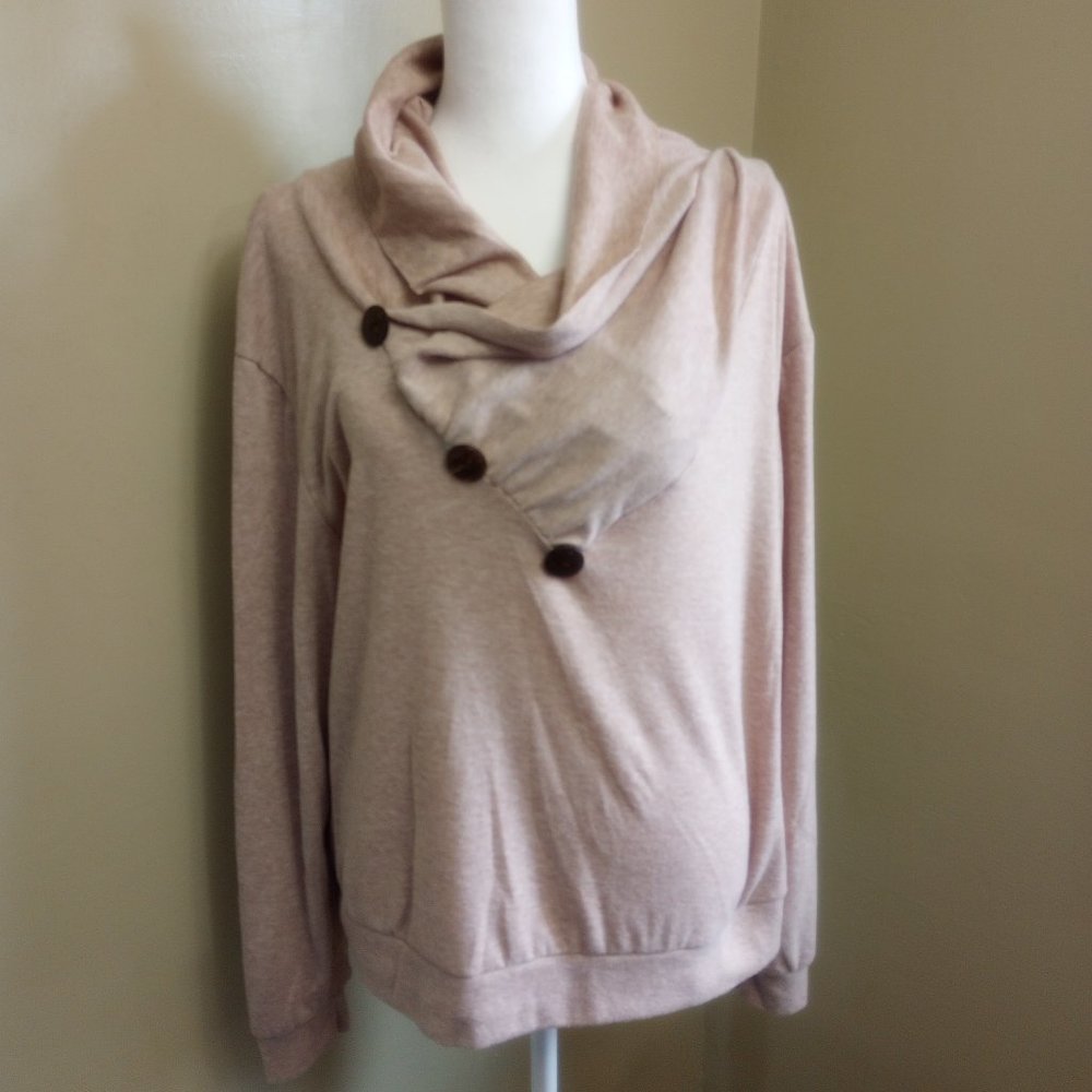 Leo Rosi Women's 3 Button Cowl Neck Jersey Pullover, Tan, XL